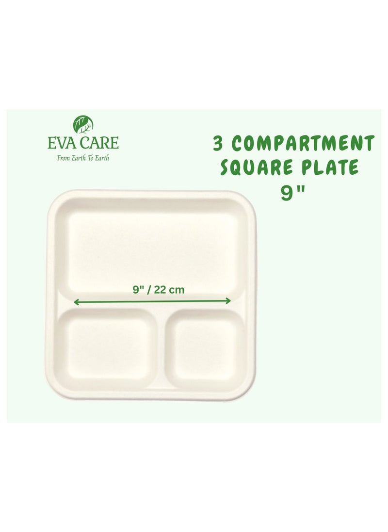 Eva Care 9" SQUARE 3 COMPARTMENT DISPOSABLE PLATES (BIODEGRADABLE, PACK OF 50)  - Image 2
