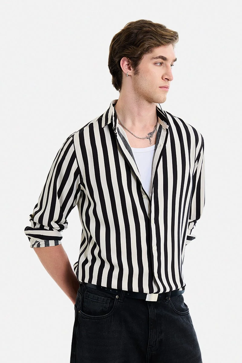 سنيتش Black Striped Long Sleeve Regular Fit Shirt