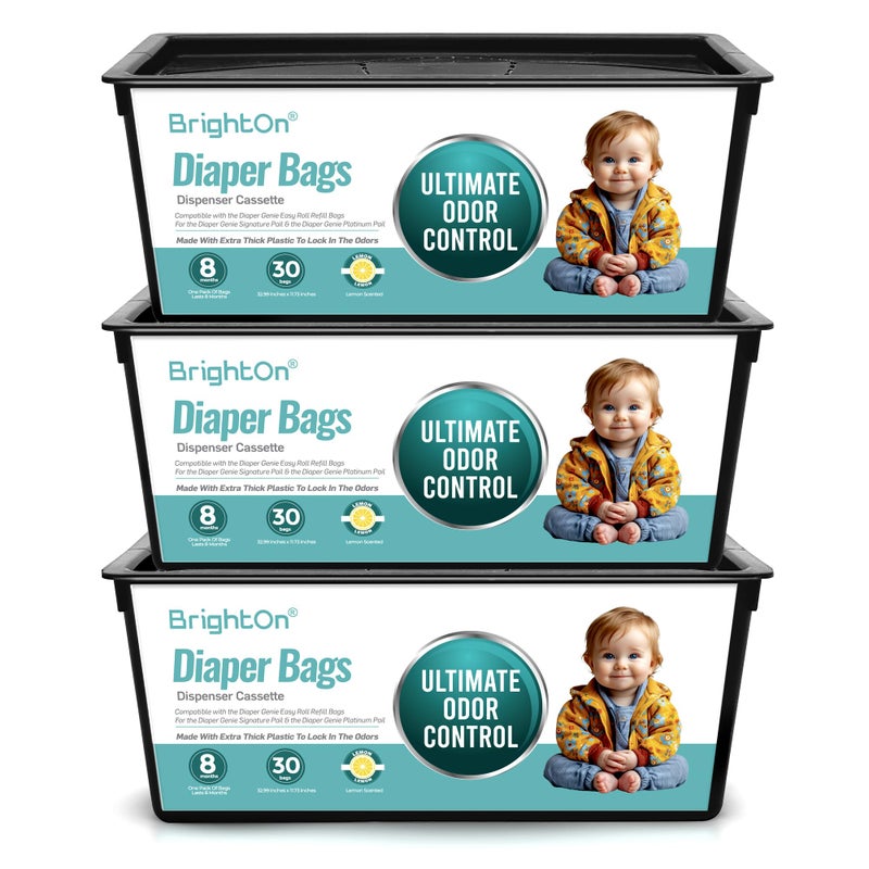 BrightOn Diaper Pail Refill Bags Compatible with Genie Easy Roll Signature Diaper Pails, 3-Pack (90 Bags) (Lemon Scented) - Image 1