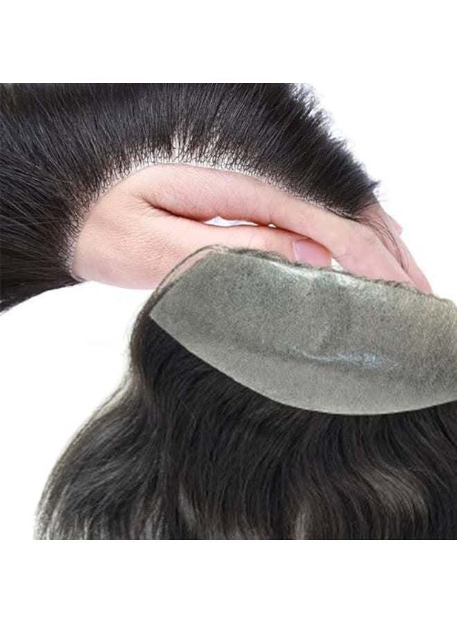 Voloria Men Forehead Hairline Toupee 100 Human Hair Skin PU Man Hairpieces Frontal Hair Topper for Receding Natural Hairline Replacement Systems 275x629 Inch 1B Black Color - Image 3