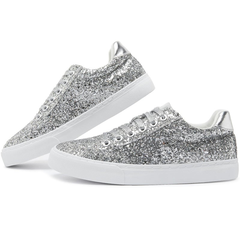 Jeekopeg Glitter Sparkly Fashion Sneakers Shoes Shiny Casual Shoes Bling Sequin Concert Low Cut Lace up Shoes(Silver Glitter,10 Women/8 Men) - Image 1