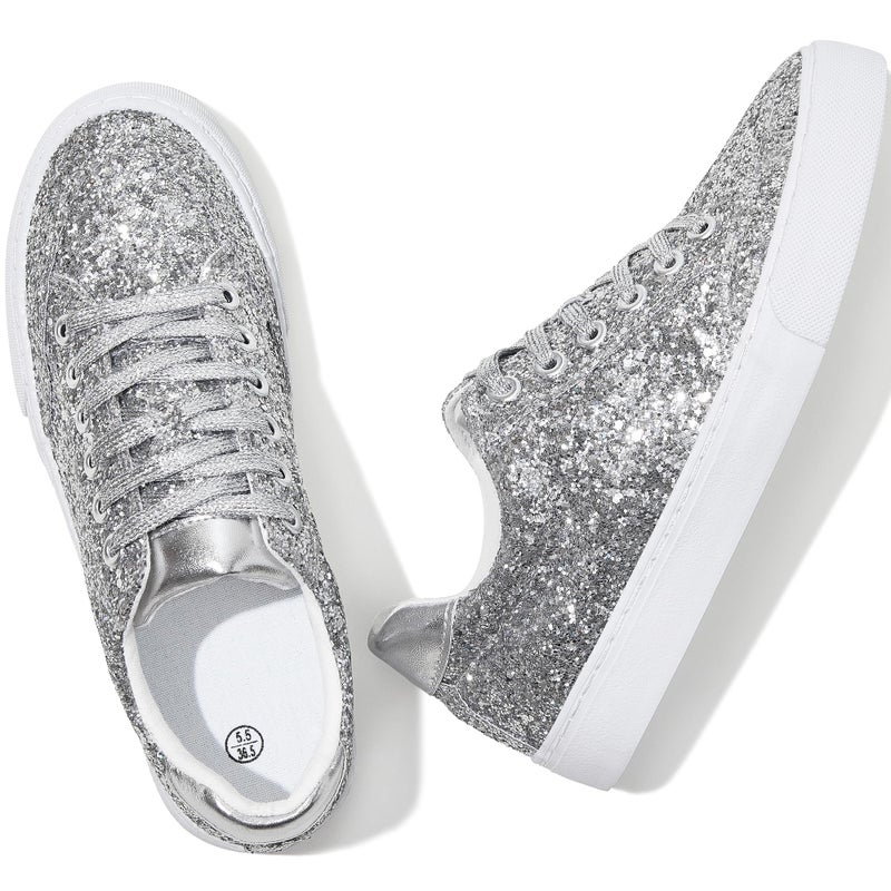 Jeekopeg Glitter Sparkly Fashion Sneakers Shoes Shiny Casual Shoes Bling Sequin Concert Low Cut Lace up Shoes(Silver Glitter,10 Women/8 Men) - Image 4