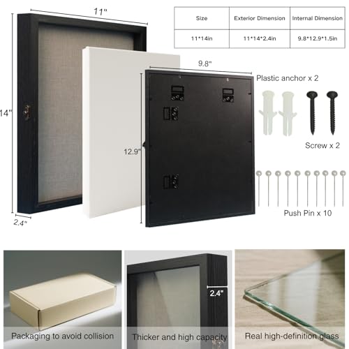 GAMYPET 11x14 Black Shadow Box Frame - 1.57" Deep Wooden Display Case for Wedding Memory Box, Flowers and Pictures - Front Opening Glass Door with Lock and Linen Back - Image 2