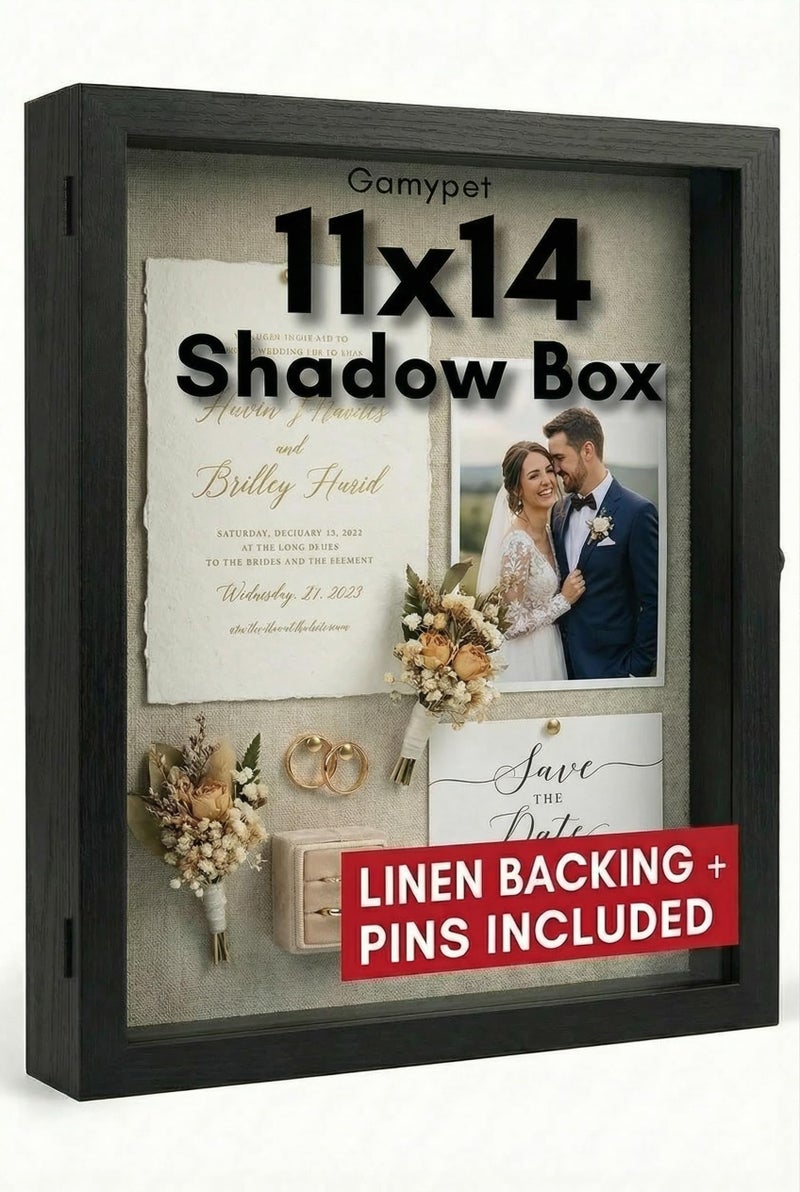 GAMYPET 11x14 Black Shadow Box Frame - 1.57" Deep Wooden Display Case for Wedding Memory Box, Flowers and Pictures - Front Opening Glass Door with Lock and Linen Back - Image 1