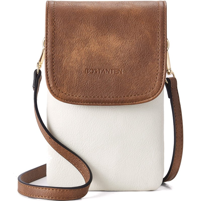 BOSTANTEN Vegan Leather Small Crossbody Bags for Women Designer Cell Phone Bag Wallet Purses Adjustable Strap White with Brown - Image 1