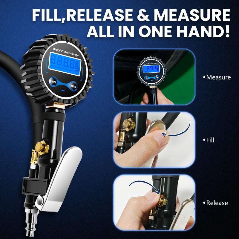 DIKTALK Digital Tire Gauge with Inflator & Deflator - LED Display & 0.1 PSI Resolution - Quick Release Valve & Heavy Duty Chuck - w/Adapter for Car, Truck, SUV, Motorcycle, RV, Balls - Image 2