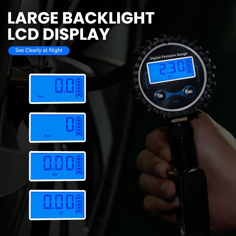 DIKTALK Digital Tire Gauge with Inflator & Deflator - LED Display & 0.1 PSI Resolution - Quick Release Valve & Heavy Duty Chuck - w/Adapter for Car, Truck, SUV, Motorcycle, RV, Balls - Image 4