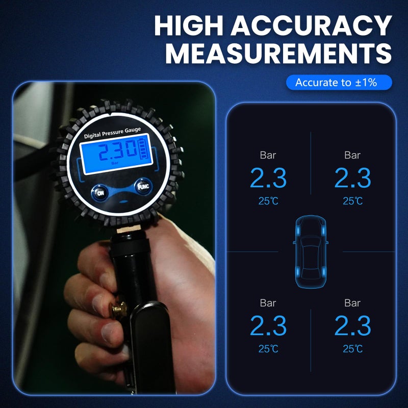 DIKTALK Digital Tire Gauge with Inflator & Deflator - LED Display & 0.1 PSI Resolution - Quick Release Valve & Heavy Duty Chuck - w/Adapter for Car, Truck, SUV, Motorcycle, RV, Balls - Image 3