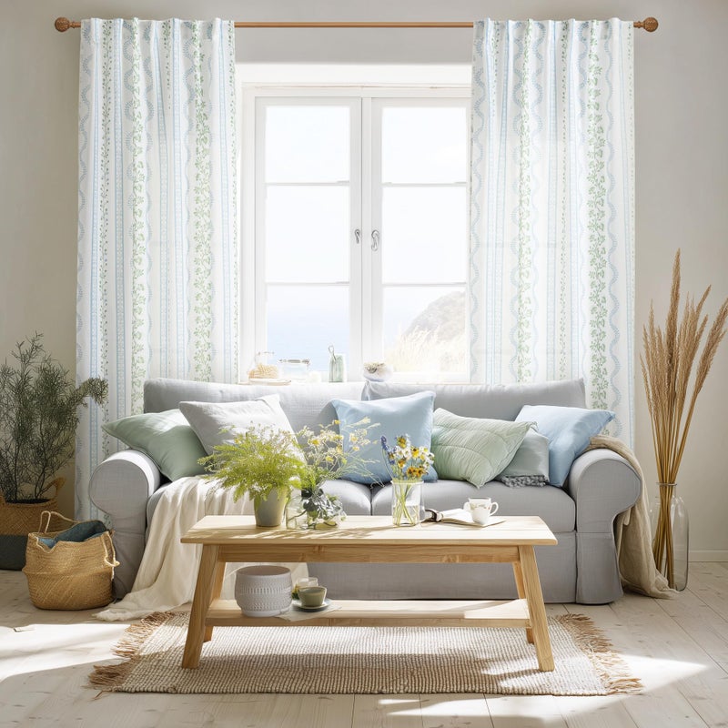 Lino Rosa Light Blue Green Floral Vintage Curtains, Cute Whimsical Shabby Chic Curtain for Living Room Bedroom, Block Print Pattern Linen Sheer French Country Cottage Core Curtains - Image 4