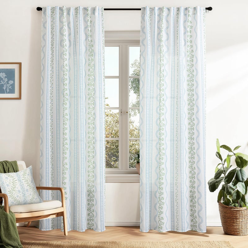 Lino Rosa Light Blue Green Floral Vintage Curtains, Cute Whimsical Shabby Chic Curtain for Living Room Bedroom, Block Print Pattern Linen Sheer French Country Cottage Core Curtains - Image 1