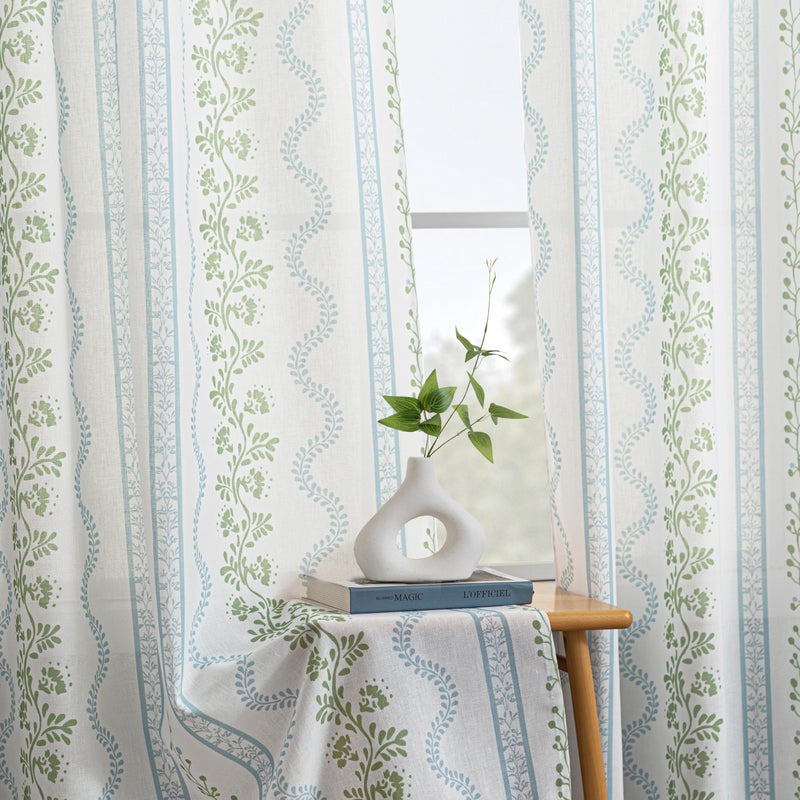 Lino Rosa Light Blue Green Floral Vintage Curtains, Cute Whimsical Shabby Chic Curtain for Living Room Bedroom, Block Print Pattern Linen Sheer French Country Cottage Core Curtains - Image 2
