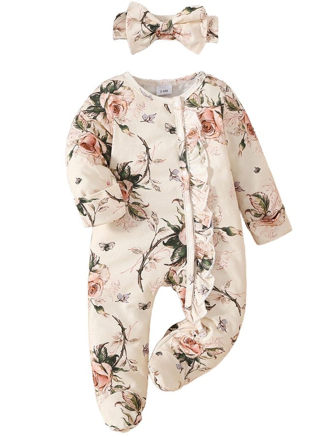 Yvowming Newborn Baby Girl Clothes Ruffle Jumpsuit Romper Infant Coming Home Outfit for Baby Girl (Beige Floral, Newborn) - Image 1