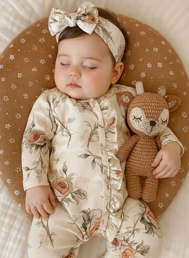 Yvowming Newborn Baby Girl Clothes Ruffle Jumpsuit Romper Infant Coming Home Outfit for Baby Girl (Beige Floral, Newborn) - Image 2