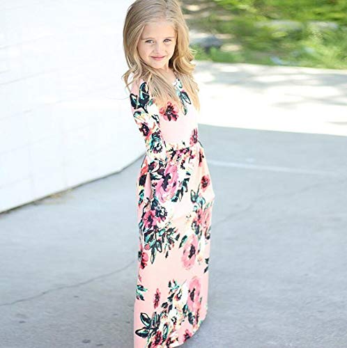 YIJODM Girls Pink Floral Maxi Dress, 5-12 Years, 3/4 Sleeve, High Waist, Casual, Spring, Fall - Image 3