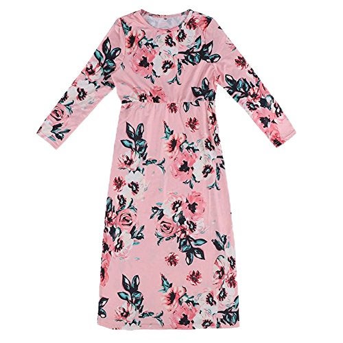 YIJODM Girls Pink Floral Maxi Dress, 5-12 Years, 3/4 Sleeve, High Waist, Casual, Spring, Fall - Image 2