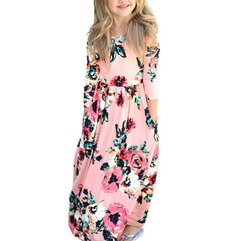 YIJODM Girls Pink Floral Maxi Dress, 5-12 Years, 3/4 Sleeve, High Waist, Casual, Spring, Fall - Image 5