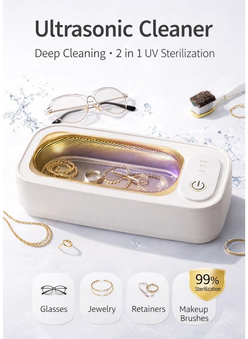 جهاز تنظيف بالموجات فوق الصوتية مع تعقيم بالأشعة فوق البنفسجية، جهاز تنظيف عميق بتردد 50 كيلو هرتز للمجوهرات وحافظات النظارات وفرش المكياج، خزان من الفولاذ المقاوم للصدأ سعة 350 مل، 4 أوضاع بلمسة واحدة - Image 1