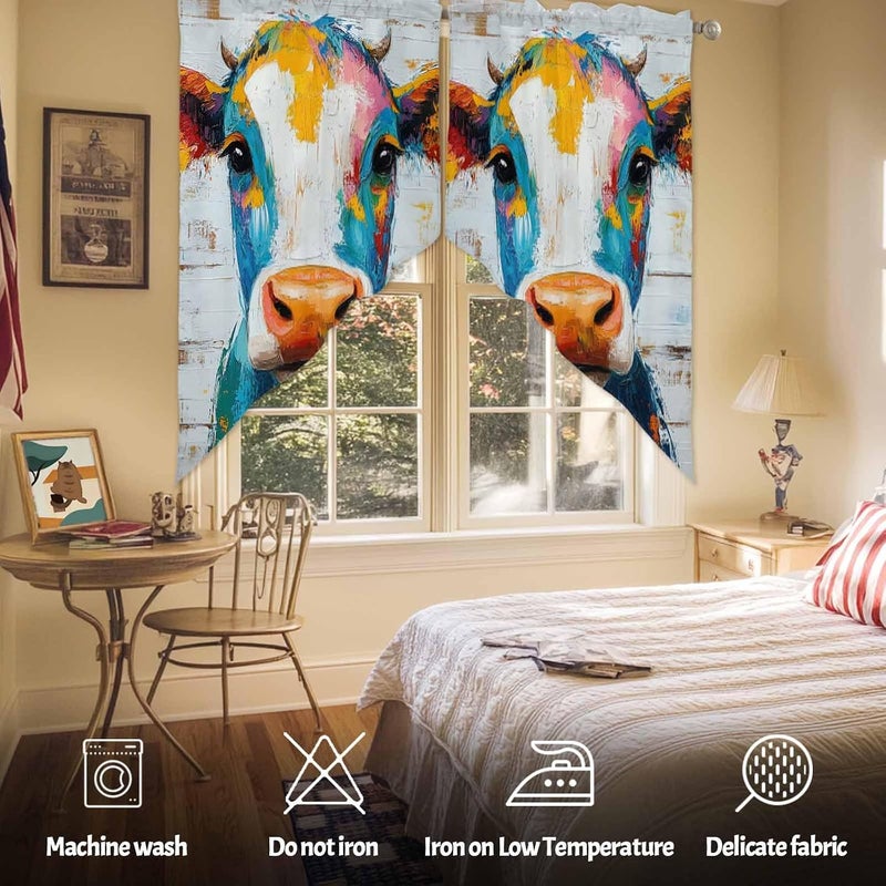 Swag Curtain Valance for Windows Abstract Cow Painting Kitchen Valance Rod Pocket Retro Blue Yellow Swag Curtains for Kitchen Windows Bathroom Bedroom Window Treatment 72" W x 36" L - Image 3