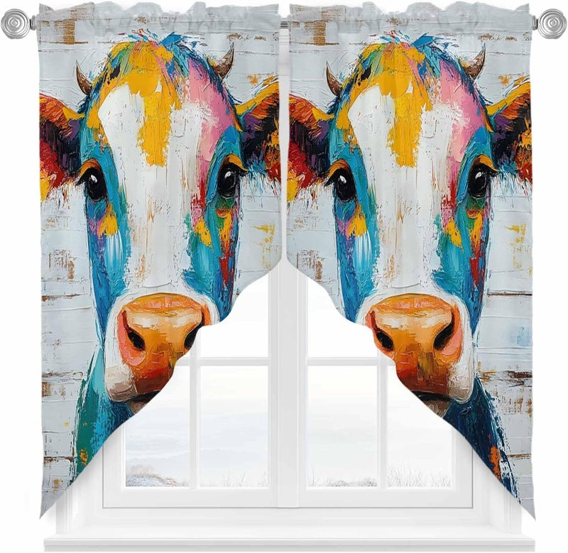 Swag Curtain Valance for Windows Abstract Cow Painting Kitchen Valance Rod Pocket Retro Blue Yellow Swag Curtains for Kitchen Windows Bathroom Bedroom Window Treatment 72" W x 36" L - Image 1
