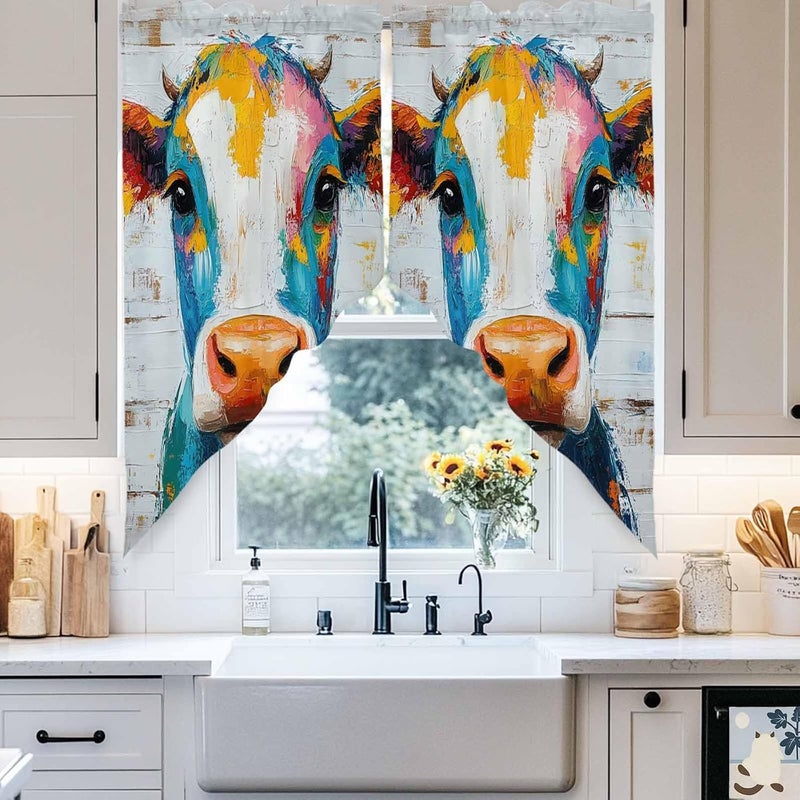 Swag Curtain Valance for Windows Abstract Cow Painting Kitchen Valance Rod Pocket Retro Blue Yellow Swag Curtains for Kitchen Windows Bathroom Bedroom Window Treatment 72" W x 36" L - Image 4