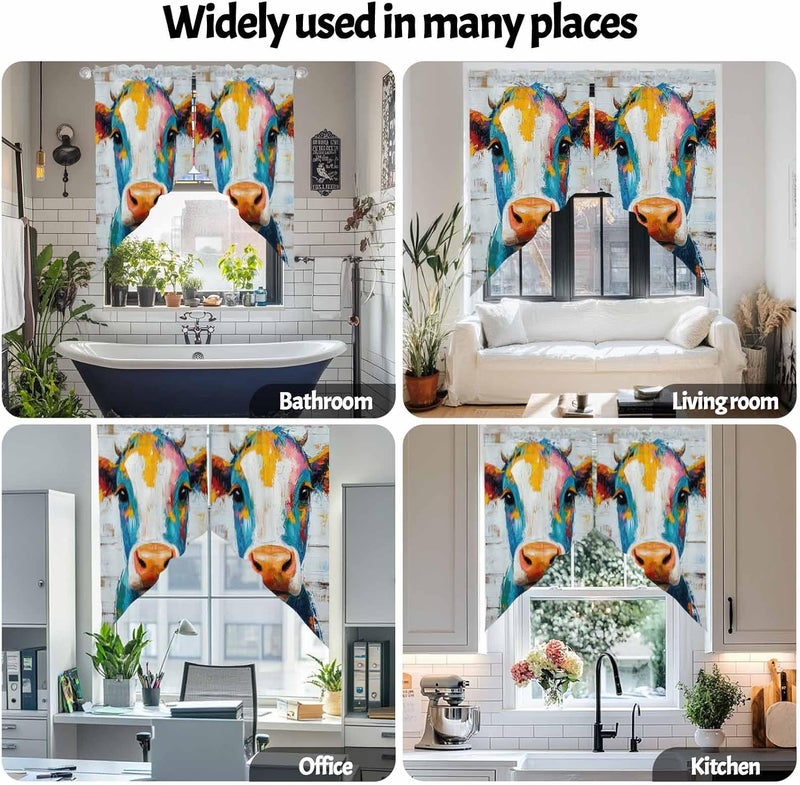 Swag Curtain Valance for Windows Abstract Cow Painting Kitchen Valance Rod Pocket Retro Blue Yellow Swag Curtains for Kitchen Windows Bathroom Bedroom Window Treatment 72" W x 36" L - Image 5