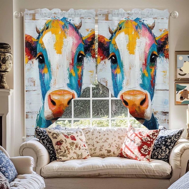 Swag Curtain Valance for Windows Abstract Cow Painting Kitchen Valance Rod Pocket Retro Blue Yellow Swag Curtains for Kitchen Windows Bathroom Bedroom Window Treatment 72" W x 36" L - Image 2