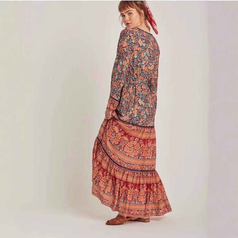 Blue V-Neck Printed Long Dress for Women with Elastic Waist and Cut-out Detail - Image 4