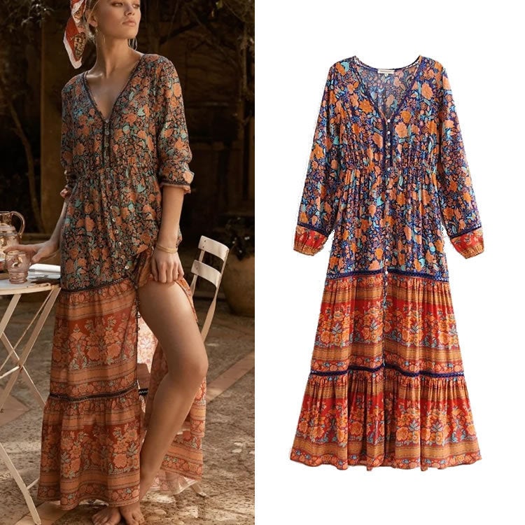 Blue V-Neck Printed Long Dress for Women with Elastic Waist and Cut-out Detail - Image 1