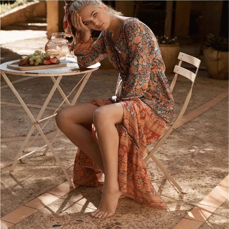 Blue V-Neck Printed Long Dress for Women with Elastic Waist and Cut-out Detail - Image 3