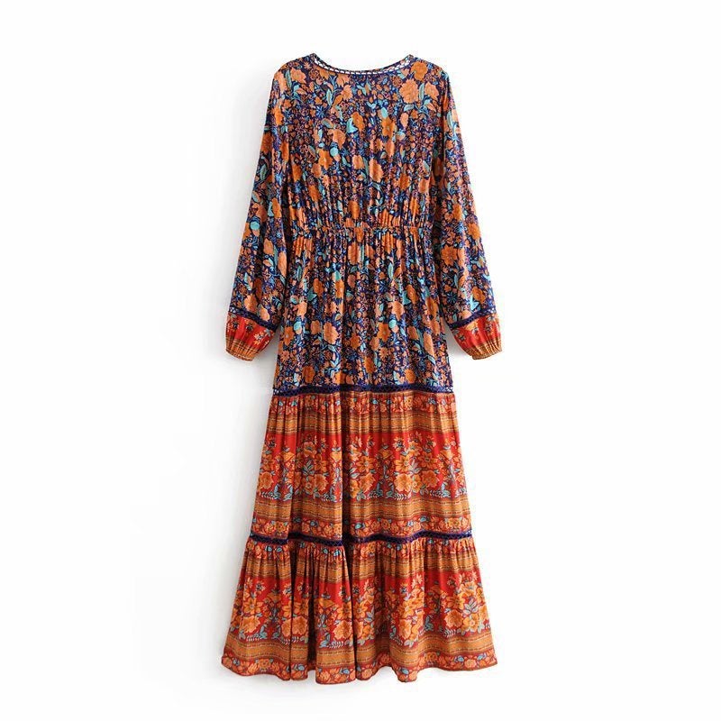 Blue V-Neck Printed Long Dress for Women with Elastic Waist and Cut-out Detail - Image 5