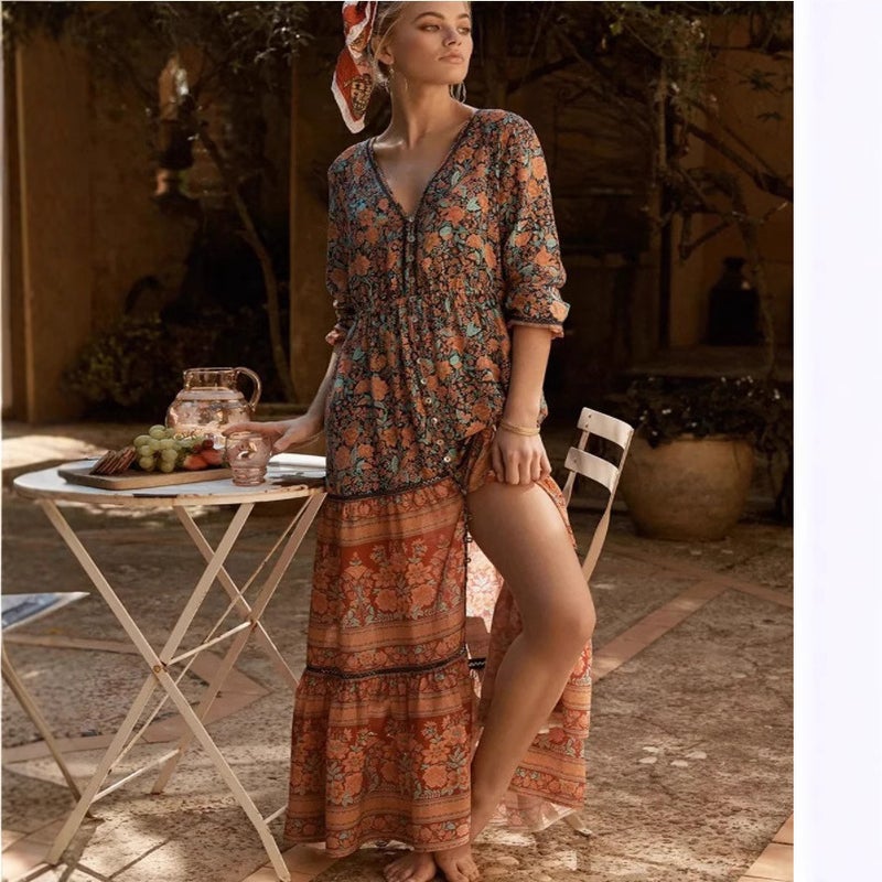 Blue V-Neck Printed Long Dress for Women with Elastic Waist and Cut-out Detail - Image 2