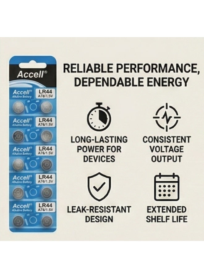 Accell LR44 Battery 1.5V (10-Pack) - Premium AG13 A76 Alkaline Button Cell Batteries - Leak-Proof, Long-Lasting Power for Cameras, Watches, Toys & Calculators - Image 2