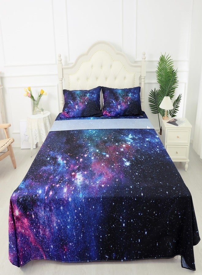 kxry Blue Purple Galaxy Fitted Sheet Sets Queen Size for Boys Kids Teens Outer Space Starry Sky Universe Bedding Set 1 Fitted Sheet + 1 Flat Sheet + 2 Pillow Cases - Image 4