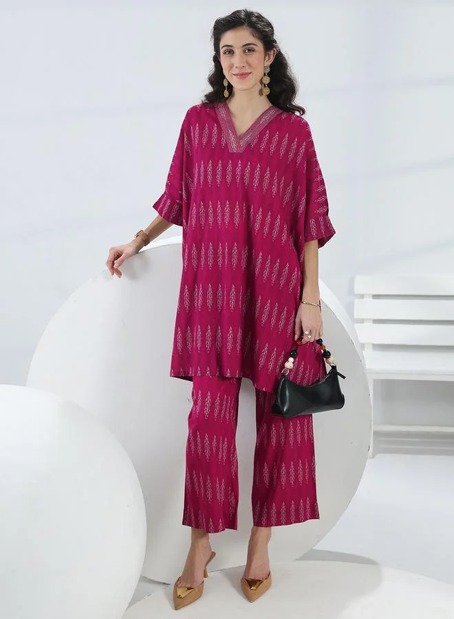 لباس Pink Printed Cotton Ethnic Tunic and Trousers Co-Ords