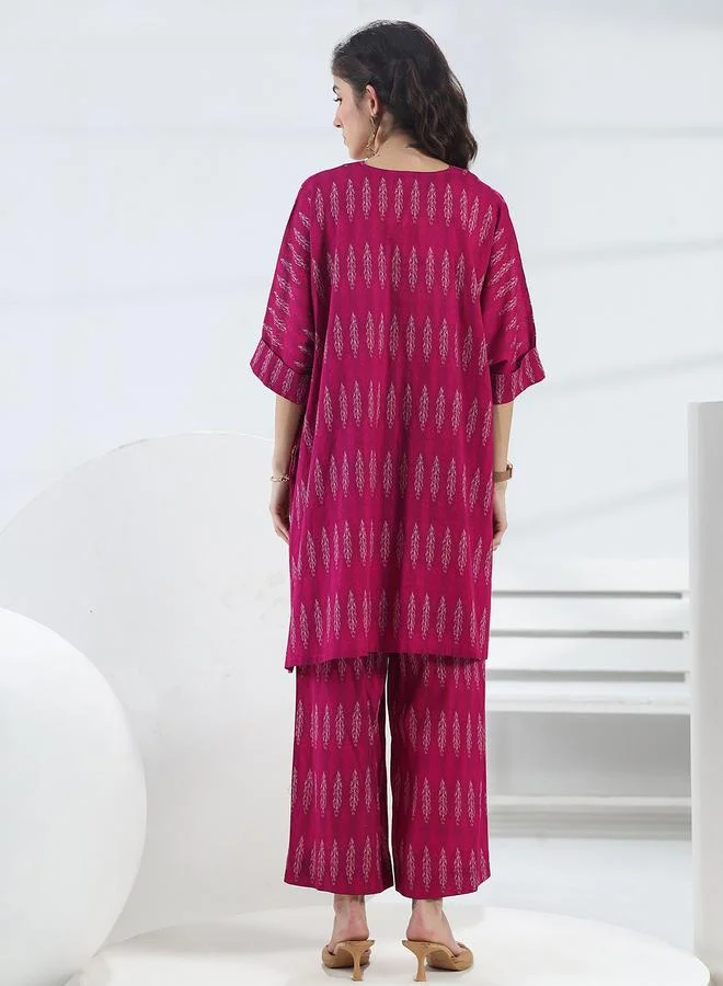 Libas  Pink Printed Cotton Ethnic Tunic and Trousers Co-Ords for Women | Best Price UAE