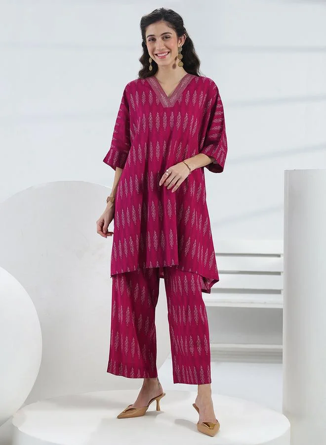 لباس Pink Printed Cotton Ethnic Tunic and Trousers Co-Ords