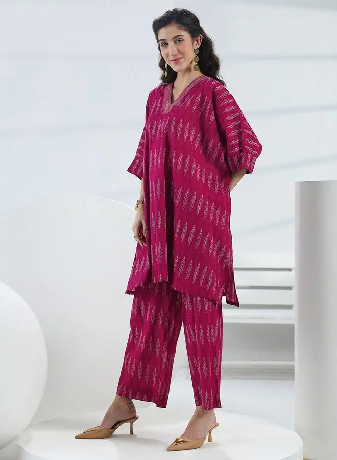 Libas  Pink Printed Cotton Ethnic Tunic and Trousers Co-Ords for Women | Best Price UAE