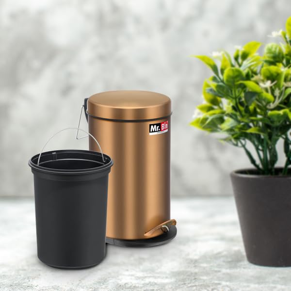 Mr. Bin Mr Bin Stainless Steel Dustbin Gold Pedal Bin with Plastic Bucket and Lid SS 202 7 x 11 Garbage Bin StepOn Trash Can Round Shape Dustbin for Home Bathroom Kitchen Office 5 Liter - Image 4