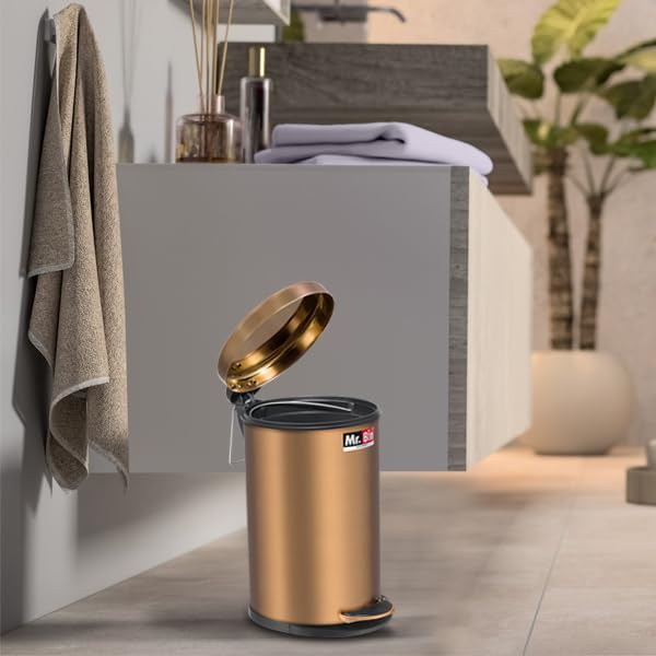 Mr. Bin Mr Bin Stainless Steel Dustbin Gold Pedal Bin with Plastic Bucket and Lid SS 202 7 x 11 Garbage Bin StepOn Trash Can Round Shape Dustbin for Home Bathroom Kitchen Office 5 Liter - Image 3