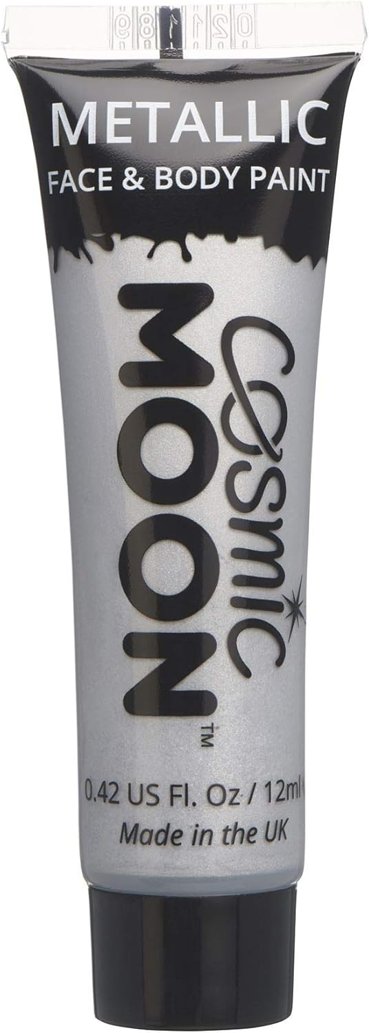 Face Body Metallic Paint by Cosmic Moon Silver Water Based Face Paint Makeup for Adults Kids 12ml