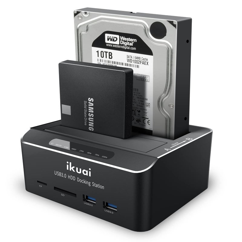 ikuai SATA to USB 3.0 Dual Bay Hard Drive Dock for 2.5"/3.5" SATA HDD SSD with Micro SD Card Reader 2 USB 3.0 Port, Offline Clone Function External Hard Drive Docking Station, 2X20TB and UASP Support - Image 1