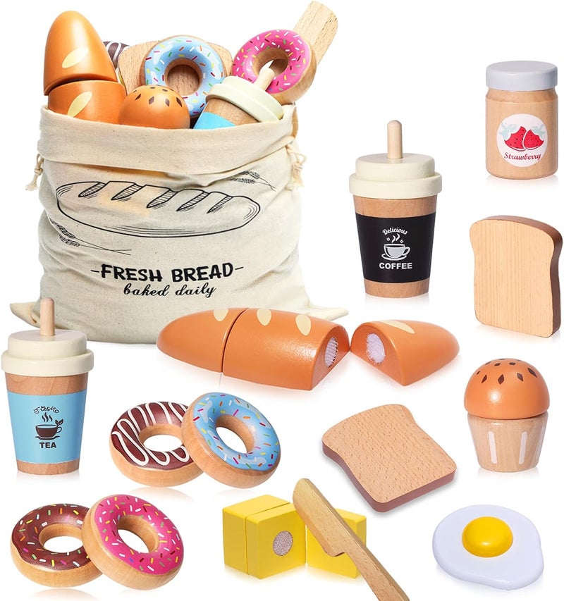 Inslat Wooden Bakery Playset Food Toys, Kids Pretend Play Food Baking Set Kitchen Accessories with Storage Bag, Pretend Play Bread Cutting Food for Boys Girls 3+ - Image 1