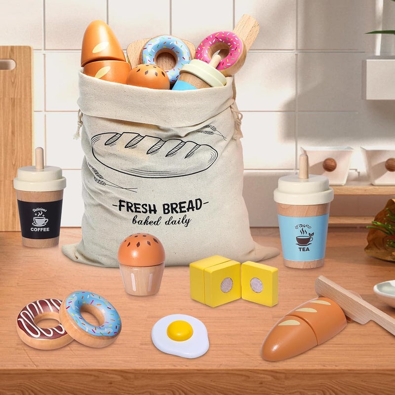 Inslat Wooden Bakery Playset Food Toys, Kids Pretend Play Food Baking Set Kitchen Accessories with Storage Bag, Pretend Play Bread Cutting Food for Boys Girls 3+ - Image 5