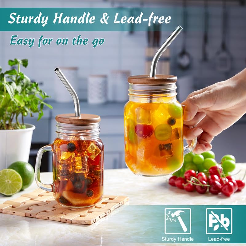 DRASTAR Iced Coffee Cup, 16 oz Mason Jar Cups with Handle, Small Glass Coffee Mugs with Straws and Acacia Lids, Drinking Glass Cups Set of 2, Smoothie, Overnight Oats Containers - Image 5
