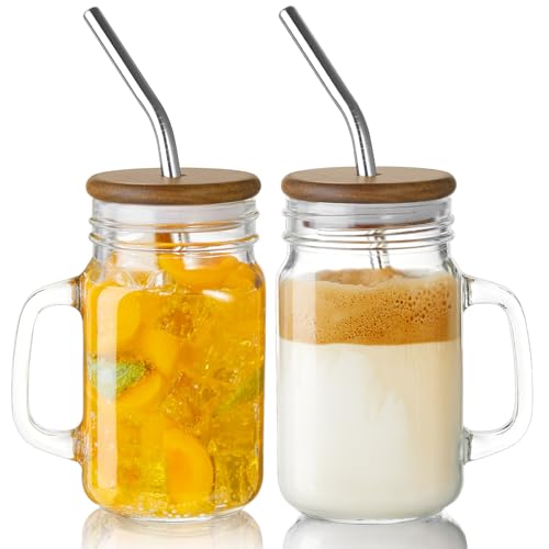 DRASTAR Iced Coffee Cup, 16 oz Mason Jar Cups with Handle, Small Glass Coffee Mugs with Straws and Acacia Lids, Drinking Glass Cups Set of 2, Smoothie, Overnight Oats Containers - Image 1
