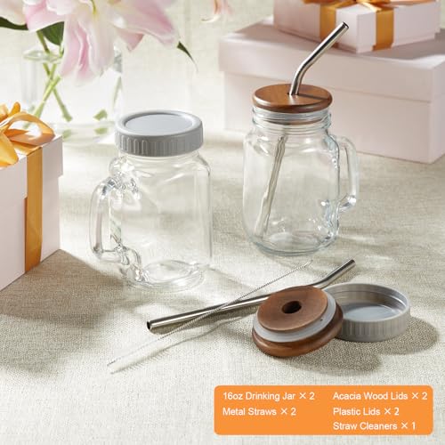 DRASTAR Iced Coffee Cup, 16 oz Mason Jar Cups with Handle, Small Glass Coffee Mugs with Straws and Acacia Lids, Drinking Glass Cups Set of 2, Smoothie, Overnight Oats Containers - Image 3