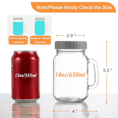 DRASTAR Iced Coffee Cup, 16 oz Mason Jar Cups with Handle, Small Glass Coffee Mugs with Straws and Acacia Lids, Drinking Glass Cups Set of 2, Smoothie, Overnight Oats Containers - Image 2