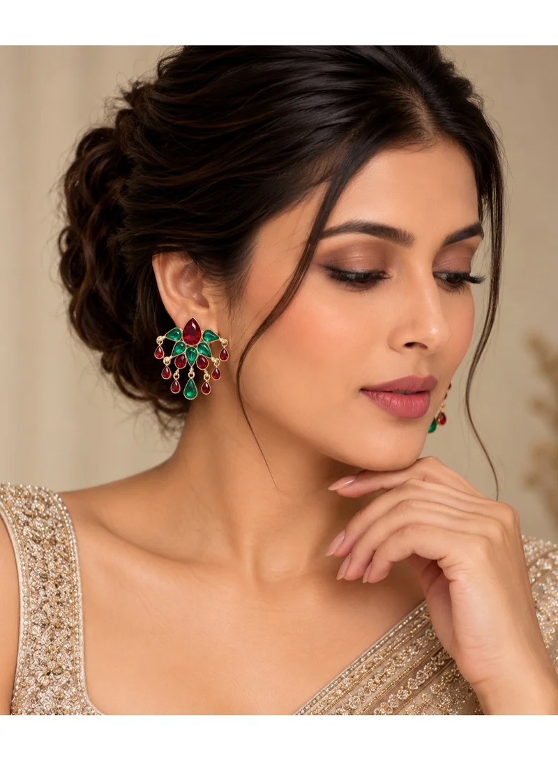 Lehar Ruby & Emerald Color Chandelier Stud Earrings - Gold Tone Indian Party & Wedding Fashion Jewelry