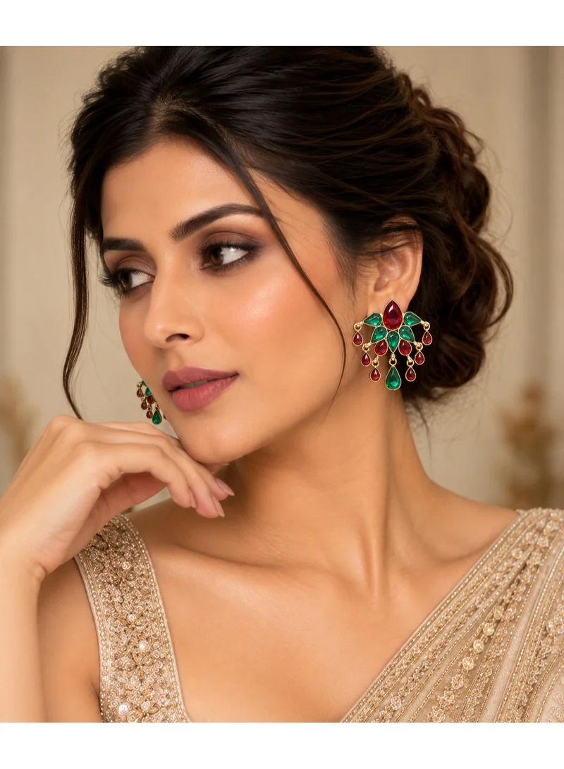Lehar Ruby & Emerald Color Chandelier Stud Earrings - Gold Tone Indian Party & Wedding Fashion Jewelry