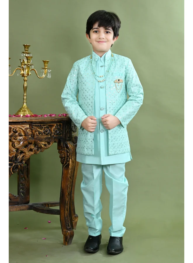 BT DEZINES Sea Green Sherwani and Trousers Set for Boys